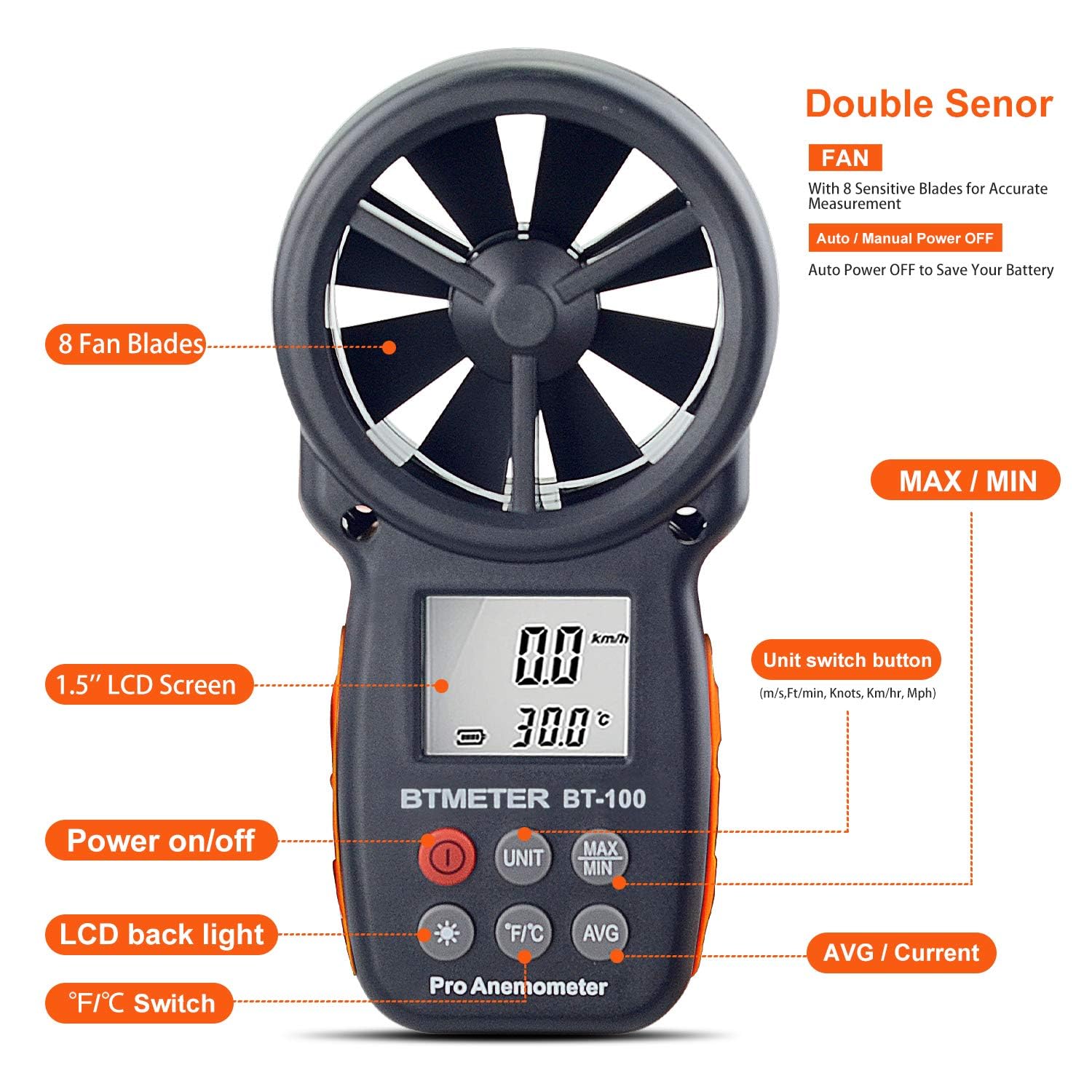 BTMETER Wind Speed Gauge Meter BT-100 Anemometer Portable Digital 14℉-113℉ Temperature Air Velocity Wind Chill Temperature Measurement Backlight Accurately Measuring