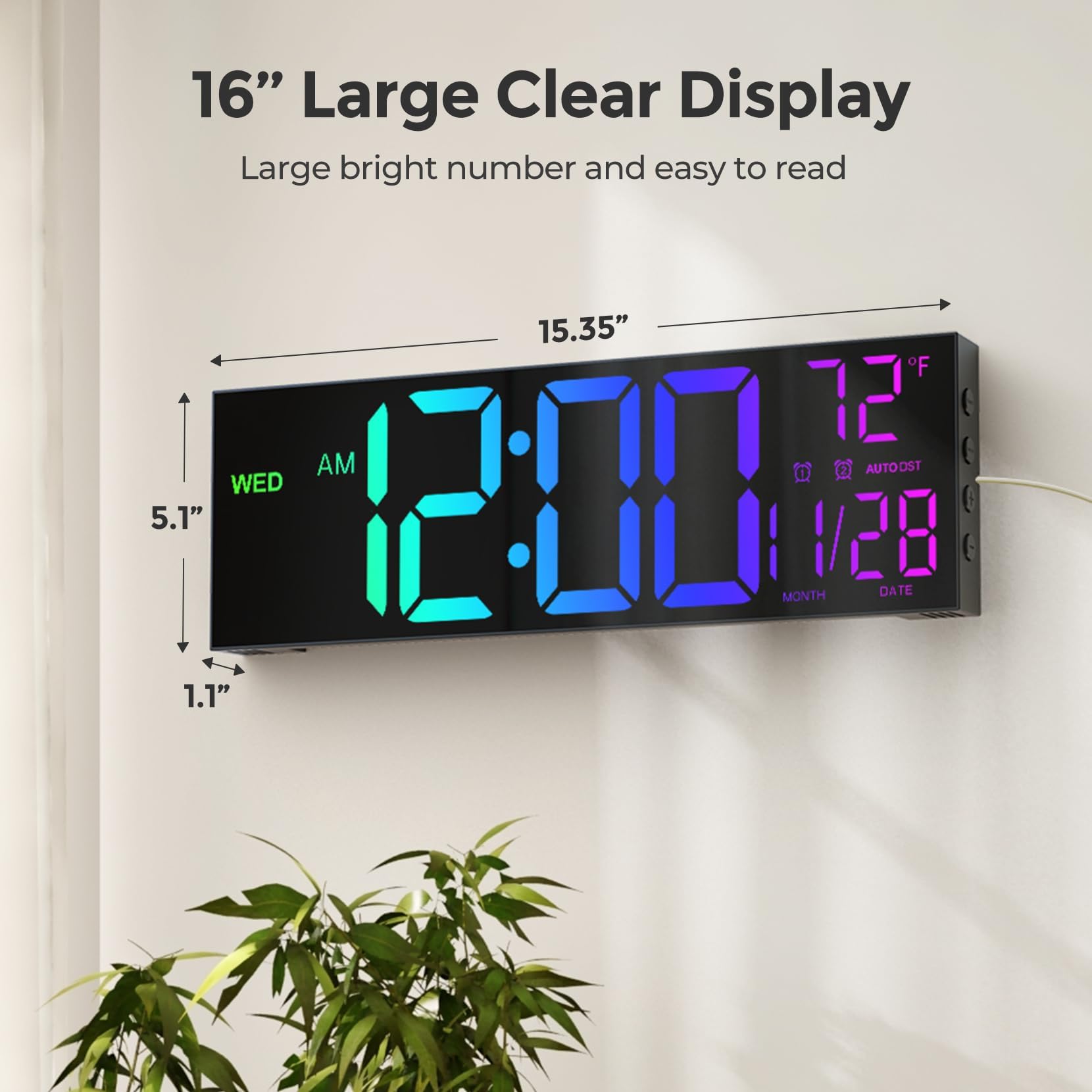 GOLOZA 16" Large Digital Wall Clock, Led Clock with Remote Control, Dual Alarms, 10 Brightness Dimmer, 8 Colors, 5 Volume, Auto DST, ℃/℉, Timer, Alarm Clocks Bedside for Heavy Sleepers