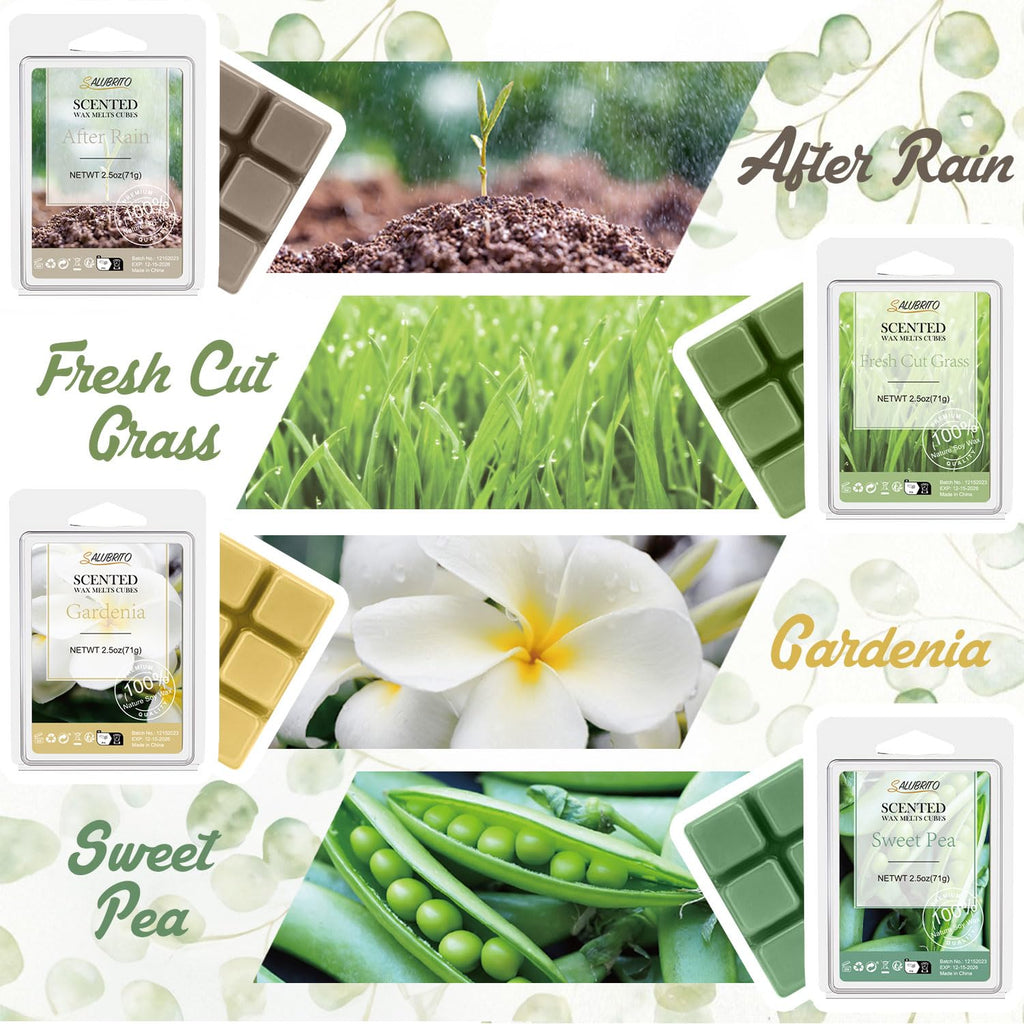 SALUBRITO Spring Scented Wax Melts, Soy Wax Cube/Tarts Variety Gift Set, Rain, Fresh Cut Grass, Ocean Breeze, Sweet Pea, Rose Geranium, Gardenias, Freesia, Bamboo