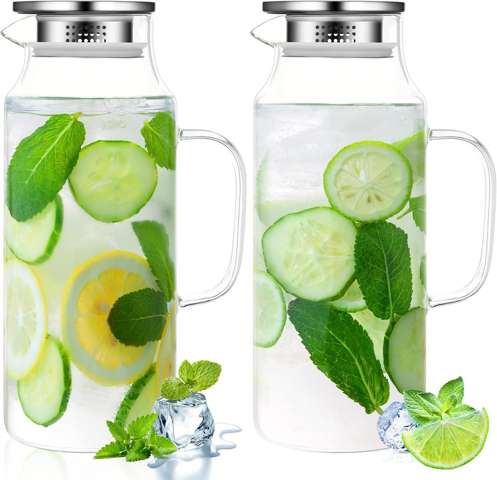 2 Pack Glass Water Pitcher, 2 L Glass Pitcher with Lid and Handle, Clear Iced Tea Pitcher Glass Milk Pitcher Heat Resistant Water Jug Juice Pitcher for Fridge Beverage Carafe