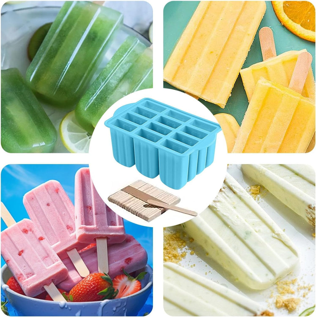 POLCANUR Popsicle Molds Silicone BPA-Free,12 Pieces Popsicle Trays for Freezer,Homemade Ice Cream Popsicle Molds,Large Ice Pop Maker Set,Reusable Ice Lolly Mould with 50PCS Popsicle Sticks