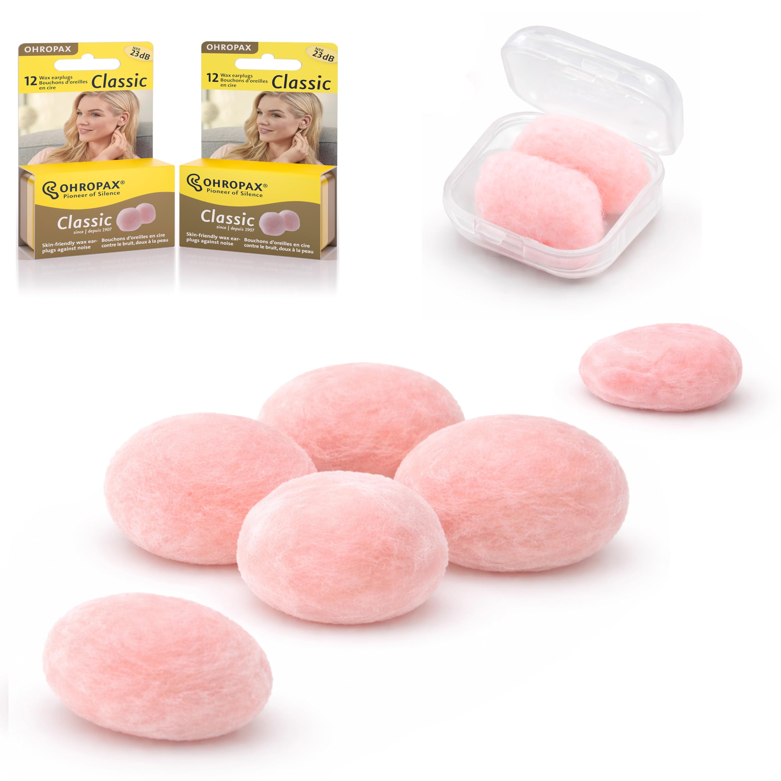 Ohropax Reusable Wax/cotton Ear Plugs with Clear Carrying Case - 2 pack (24 Plugs Total)