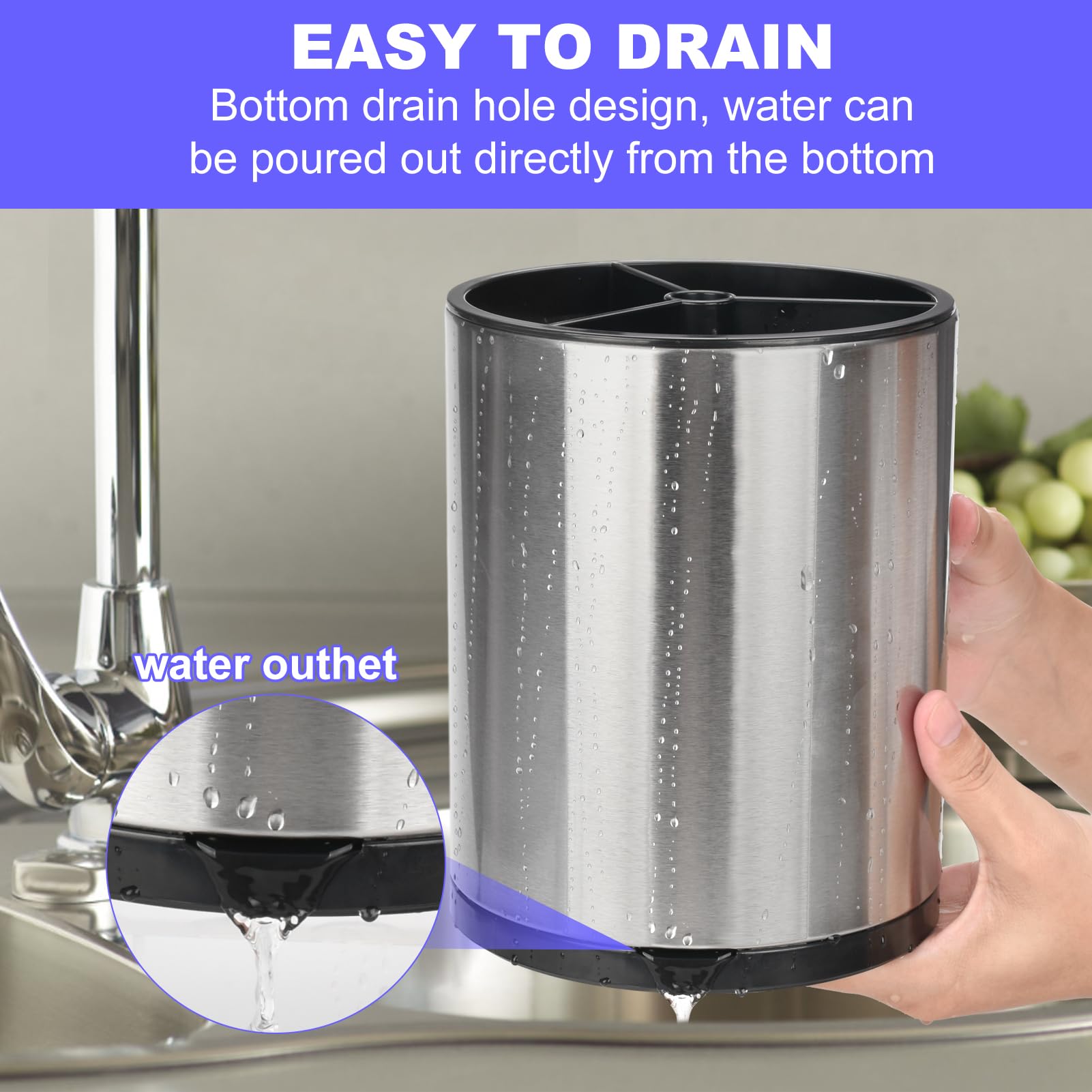 Kitchen Utensil Holder for Counter, Rotating Stainless Steel Utensil Organizer with Drainage Tray, 360°Rotating, Removable Divider, Large Cooking Utensil Crock