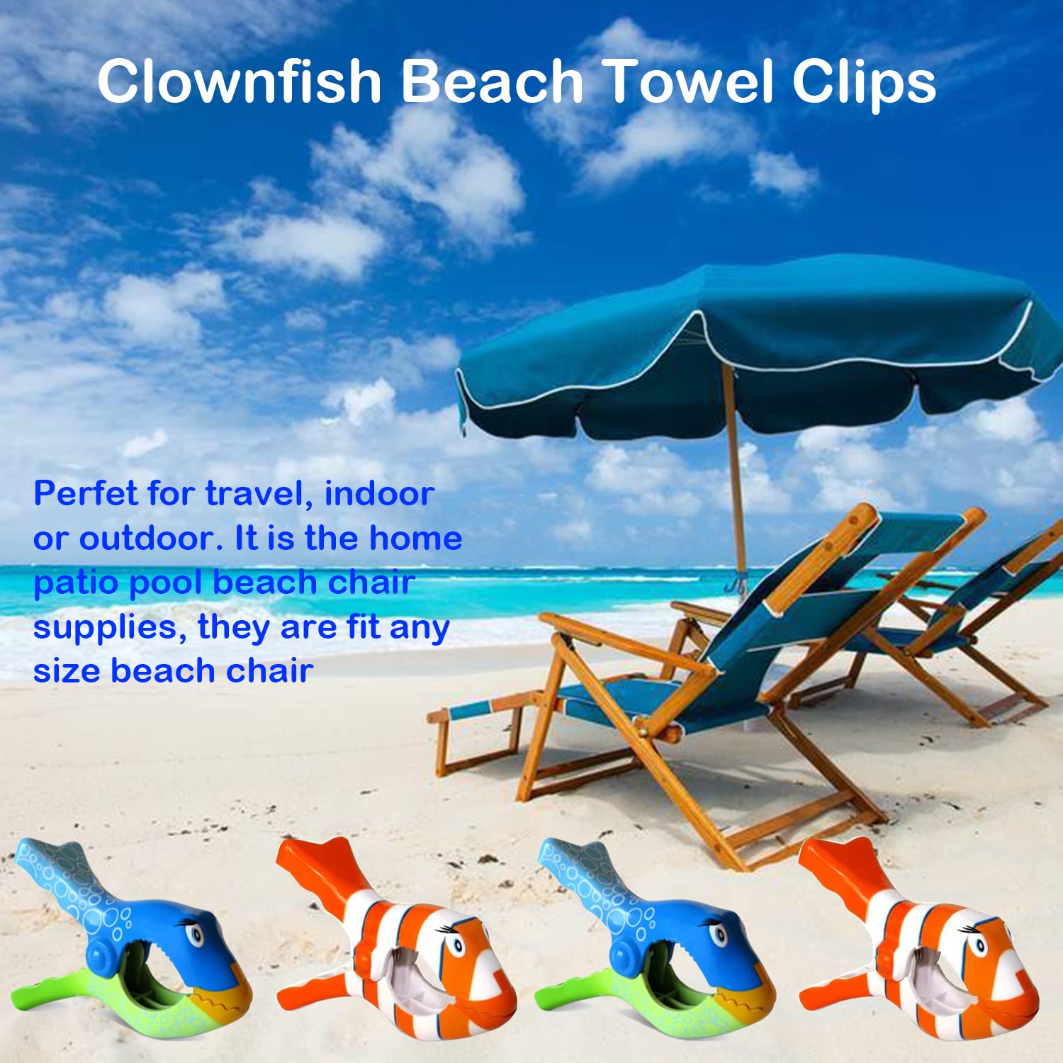 Paifeancodill Creative Beach Towel Clips, 4 Pcs Clownfish Towel Clips for Beach Chairs Plastic Lounge Chair Towel Clips, Beach Chair Clips, Pool Clips for Lounger, Lounge Chair(Blue+Orange Clownfish)