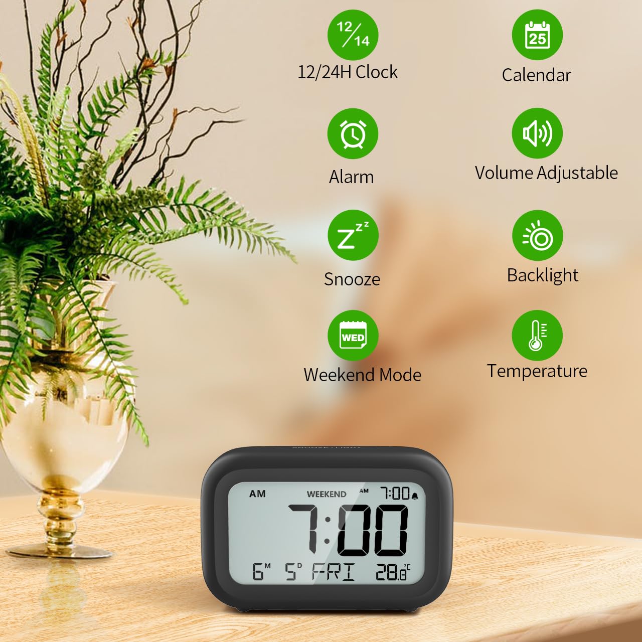 DOOMAY Digital Alarm Clock Bedside - Battery Powered Clock with LCD Display Volume Adjustable Snooze and Weekend Mode for Bedroom Office Desk Travel (Black)