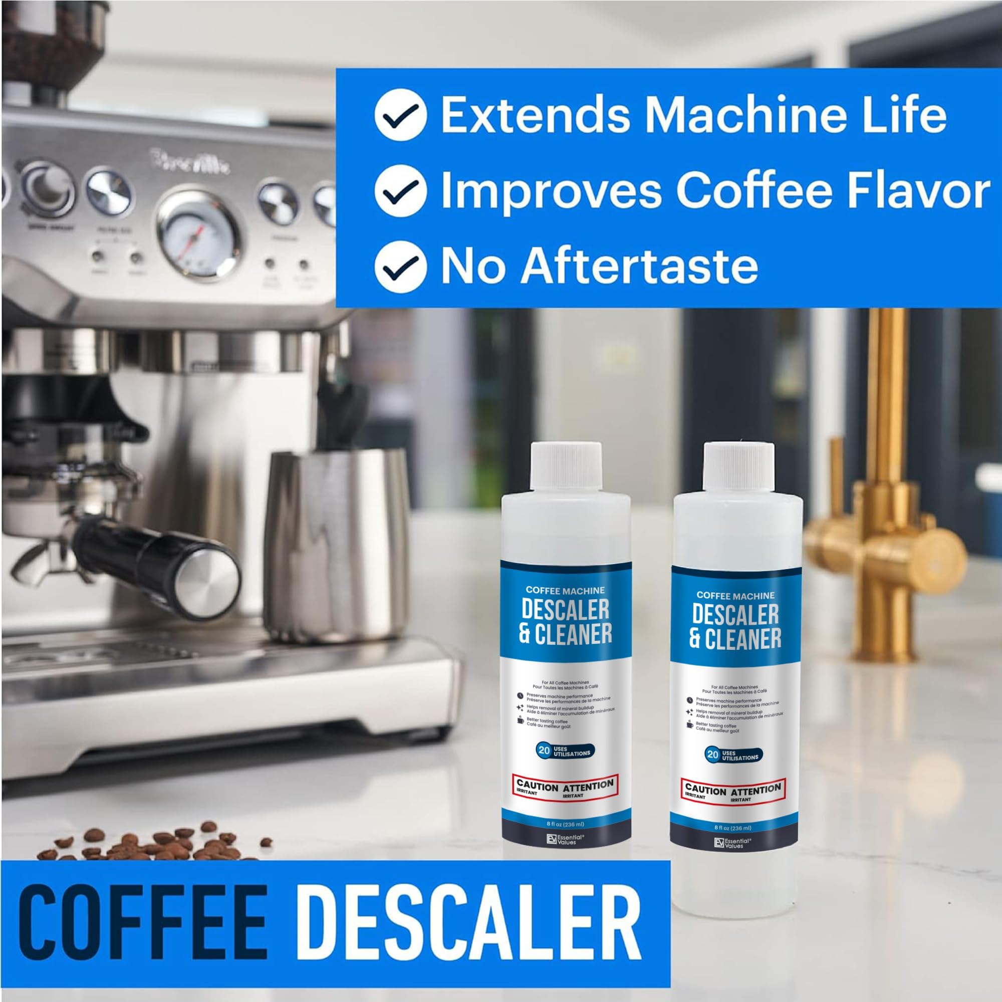 Essential Values Universal Descaling Solution for Keurig Breville Nespresso & Delonghi (4 Uses) | Coffee Machine Descaler Cleaner | Liquid To Descale Automatic Coffee Makers & Espresso Machines