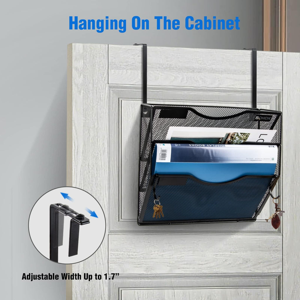 Wall File Organizer, 3 Tire Hanging File Folder Mail Organizer, Vertical Mesh Metal Door/Wall Mount Hanging File Holder, Paper Document Magazine Rack with Hooks for Home Office Black