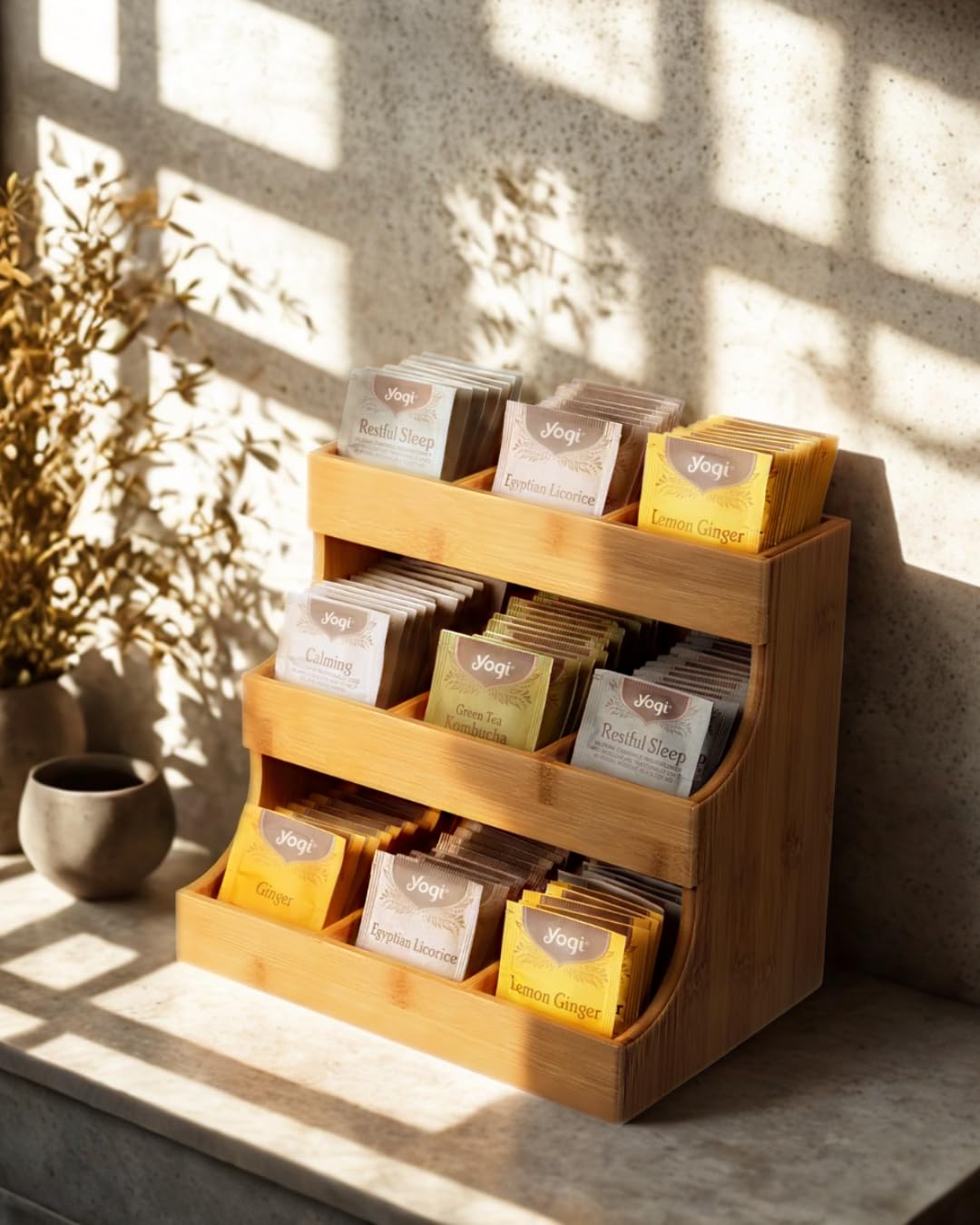 THEODORE Vertical Bamboo Tea Bag Organizer - Holds 180 Bags - Elegant Wooden Storage Box for Home, Office, Café - Also Holds Sugar Packets and Creamers