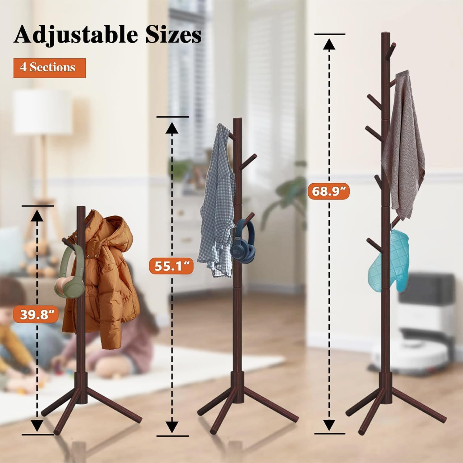 Livearty (TM) Wooden Coat Cloth Garment Hat Rack Stand, Adjustable Coat Tree, Free Standing Tree Hanger with 4 Sections & 8 Hooks for Home, Bedroom, Office, Hallway, Entryway, Apartment