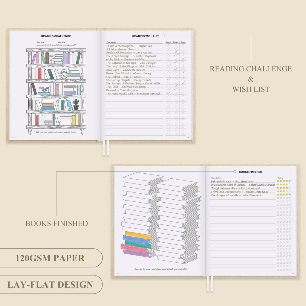 Lanpn Reading Book Journal for Book Lovers Readers, 9.3" x 7.7", 158 Pages Linen Hardcover Reading Log with 52 Book Reviews, Book Tracker Reading Notebook Bookish Gifts (Beige)