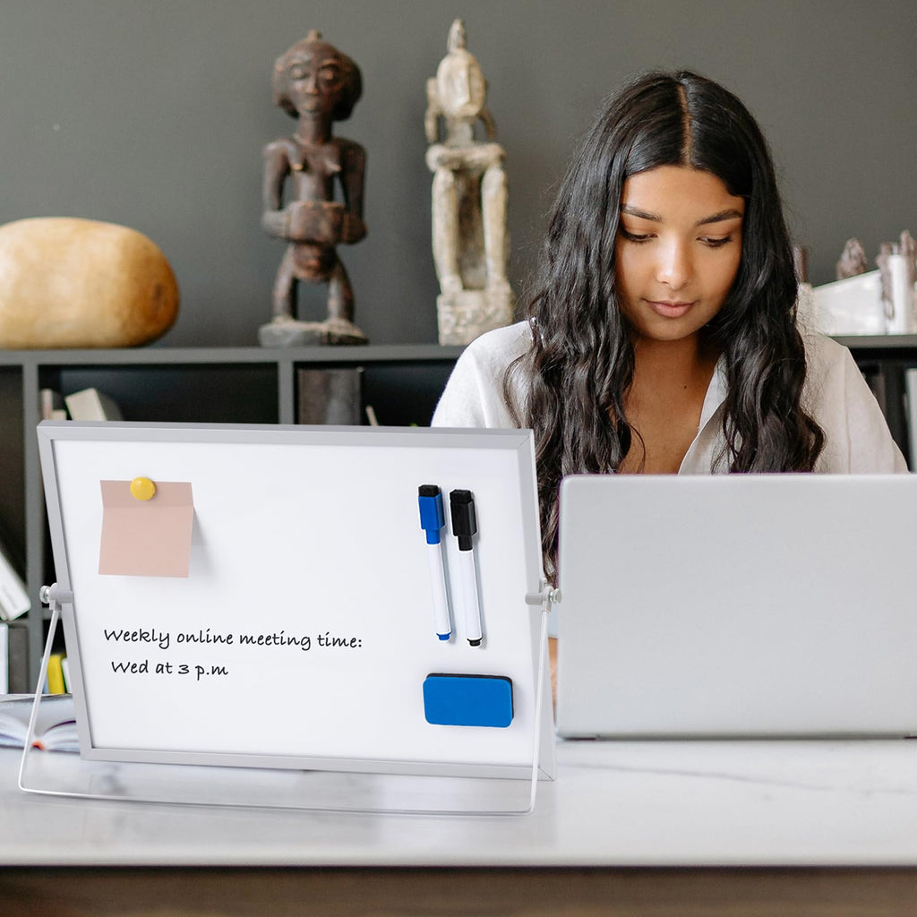 Dry Erase White Board with Stand, ARCOBIS 12" x 16" Weekly Double-Sided Desktop Whiteboard 10 Markers, 4 Magnets, 1 Eraser, Portable Magnetic Dry Erase Calendar for Planning, to Do List, Memo, School