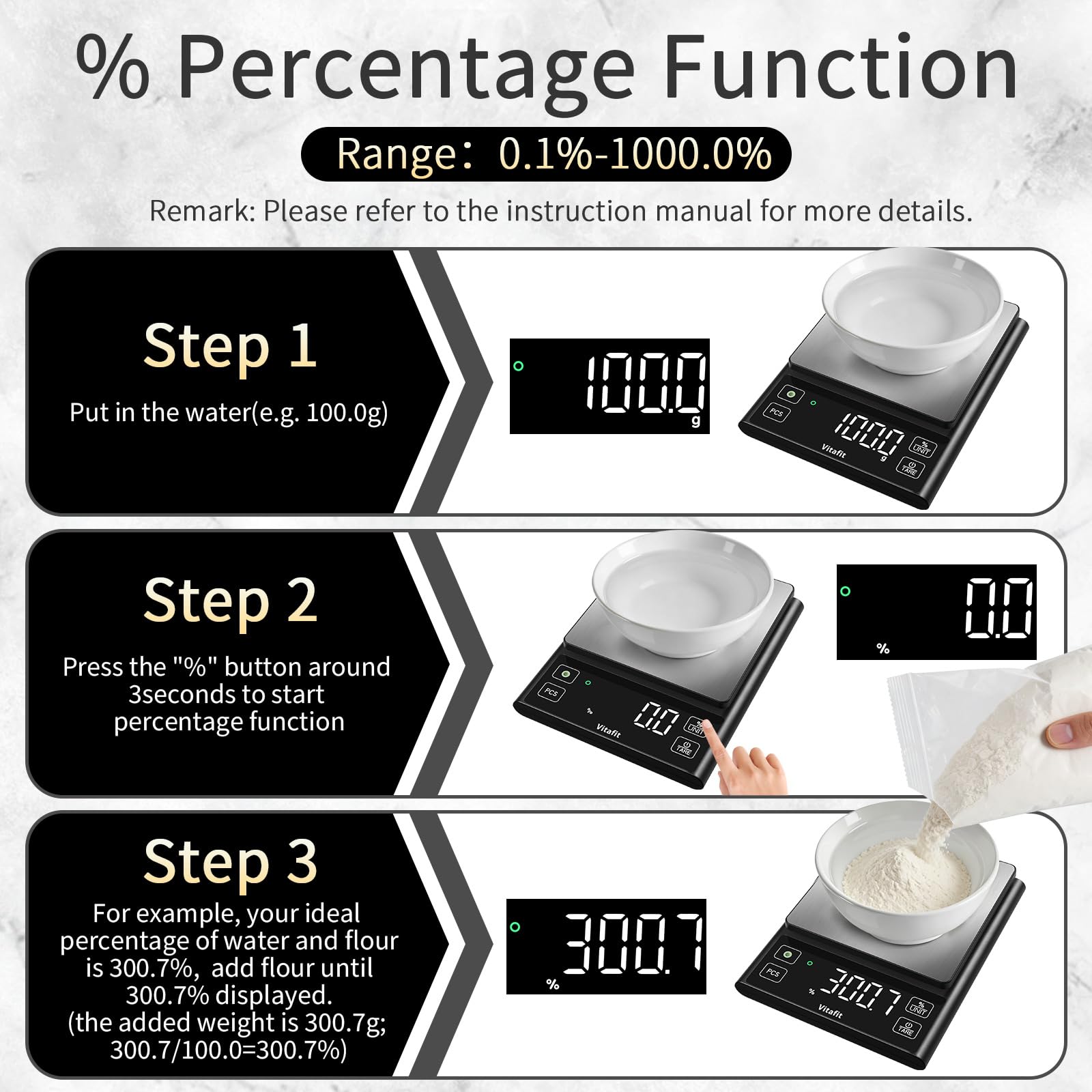 Vitafit 11lb Food Scale, High Accuracy 0.0001lb by Our Professional Factory Since 2001, Digital Kitchen Scale with% Percentage Function Cooking,Baking&Coffee, Stainless Steel, Big LED, Black