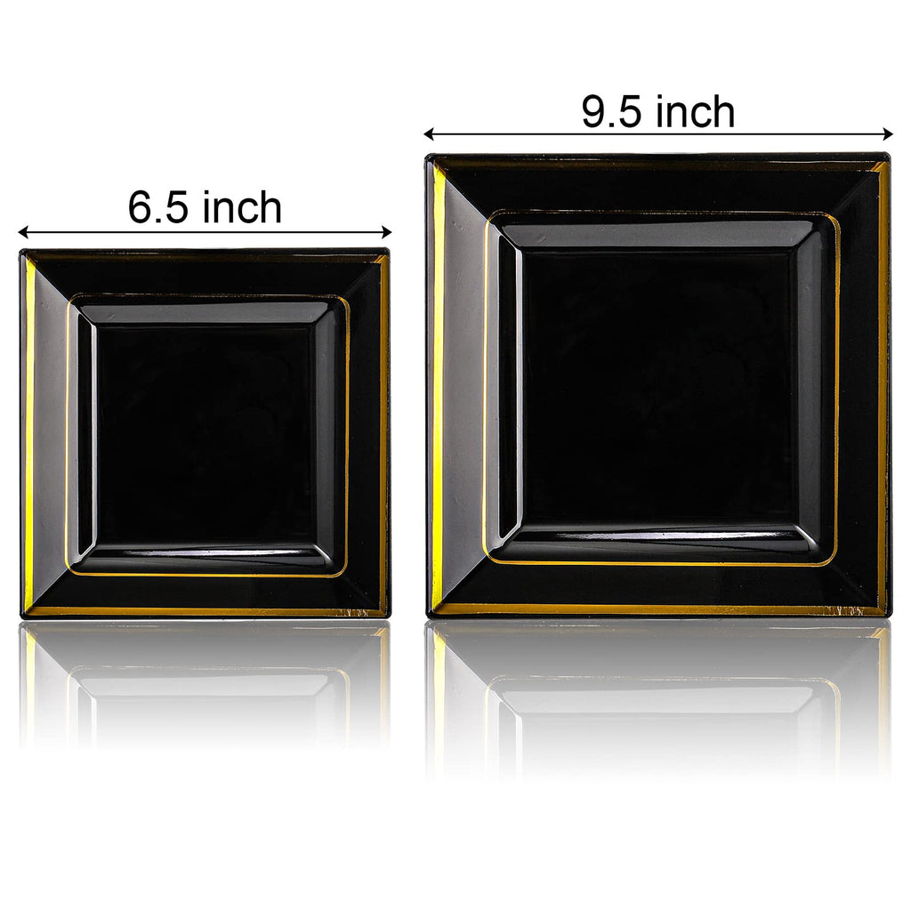 Suwimut 70 Pack Disposable Plastic Plates, Black Square Hard Plastic Plates with Elegant Gold Rim for Wedding Party, 35 Pieces 9.5 Inch Dinner Plates + 35 Pieces 6.5 Inch Dessert Plates