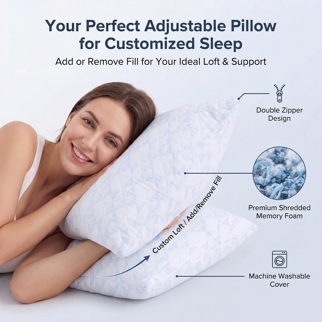 Adjustable Memory Foam Bed Pillows:Queen Size Shredded Foam Pillow Set of 2 for Sleeping with Removable & Washable Pillowcase for Back,Side & Stomach Sleeper-Medium Firm