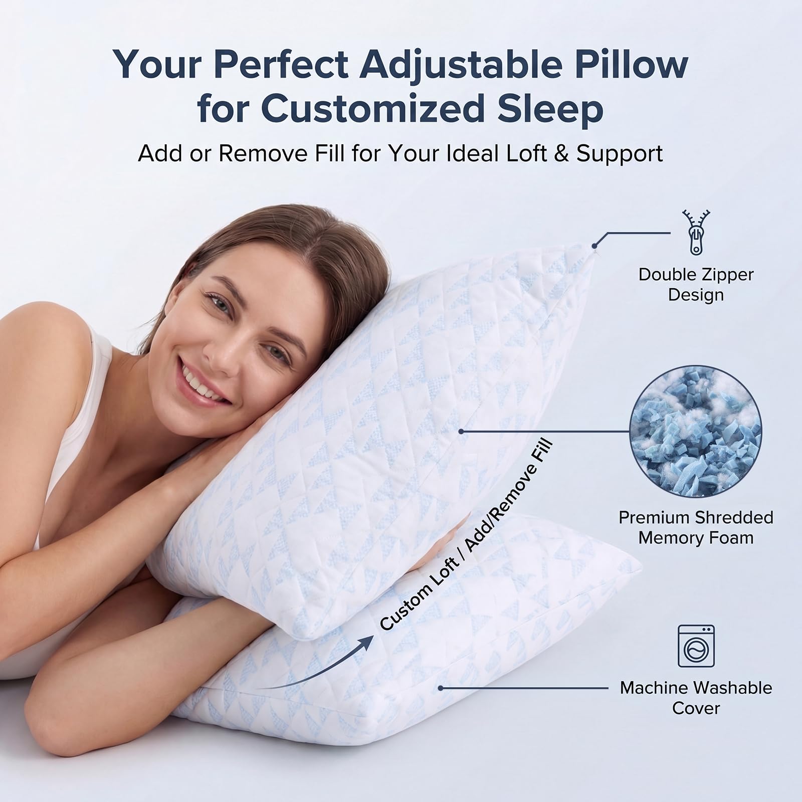 Adjustable Memory Foam Bed Pillows:Queen Size Shredded Foam Pillow Set of 2 for Sleeping with Removable & Washable Pillowcase for Back,Side & Stomach Sleeper-Medium Firm