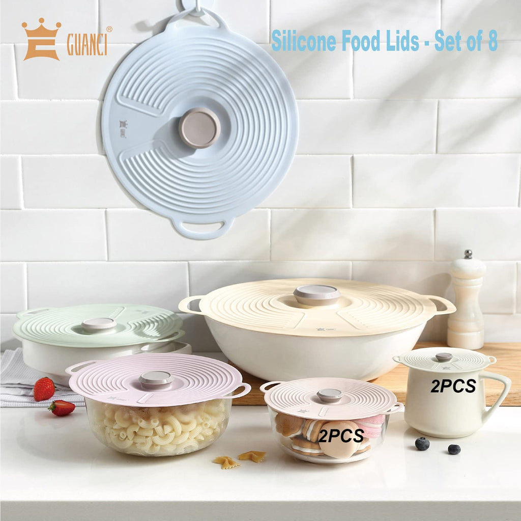 GUANCI Silicone Lids Set of 8, Silicone Lids Covers Universa Heat Resistant Microwave Cover Silicone Suction lids for Bowls, Plate, Pots, Pans
