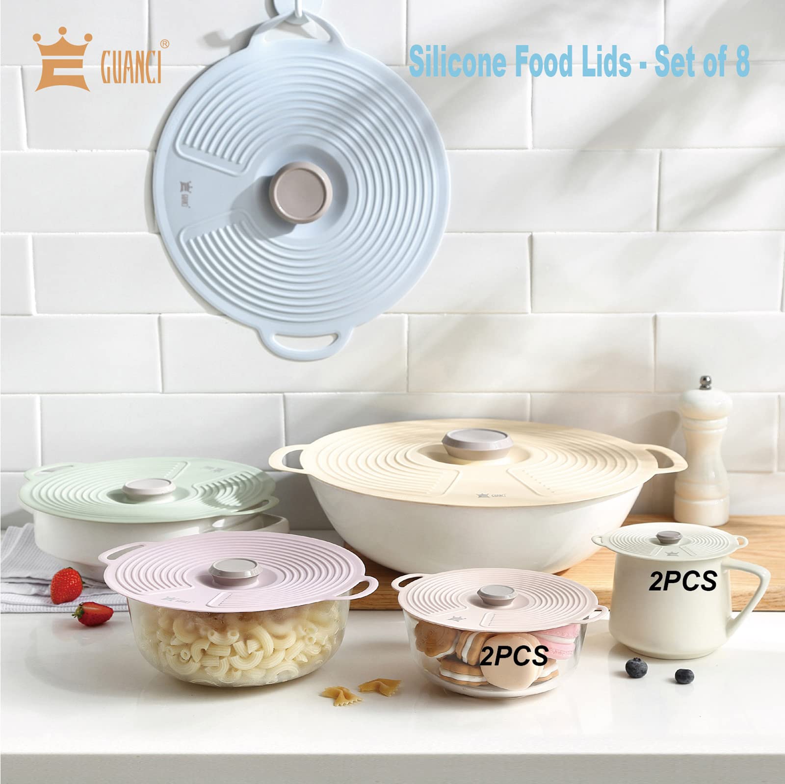 GUANCI Silicone Lids Set of 8, Silicone Lids Covers Universa Heat Resistant Microwave Cover Silicone Suction lids for Bowls, Plate, Pots, Pans