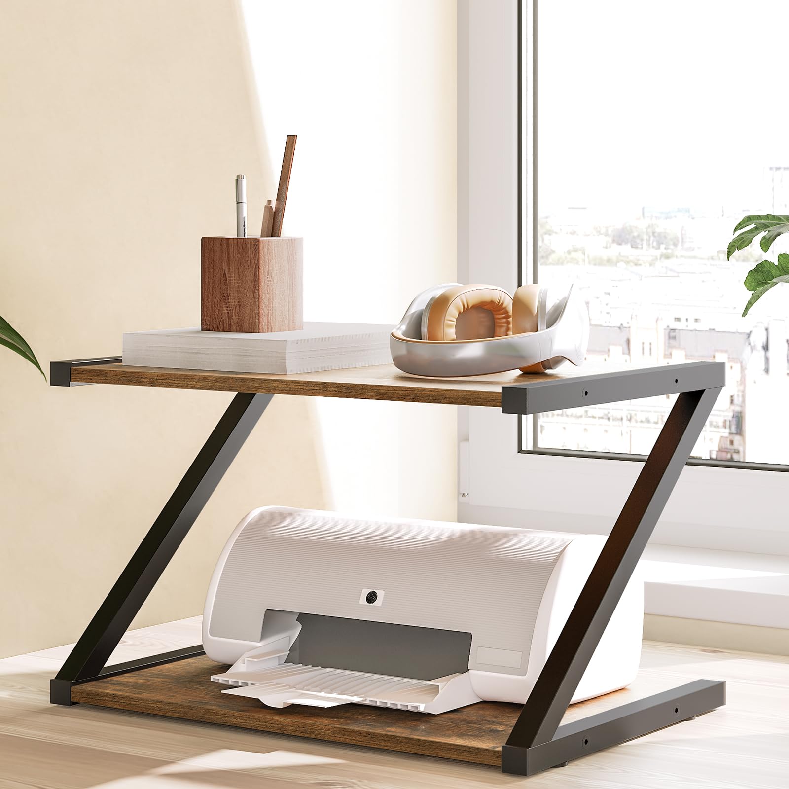 YATINEY Desktop Printer Stand, 2-Tier Printer Table with Storage Shelf, Under Desk Printer Stand for Home Office, Open Organizer Shelf, Easy Assembly, Rustic Brown PS02BR