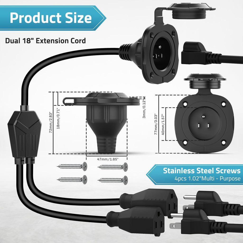 PAULINN 15 Amp 125V AC Power Inlet Port Plug W/Integrated Dual 18" Extension Cord, NEMA 5-15 RV Flanged Inlet Y Splitter Cable with Waterproof & Back Cover, 2 Pole 3-Wire Shore Power Plug for Boat