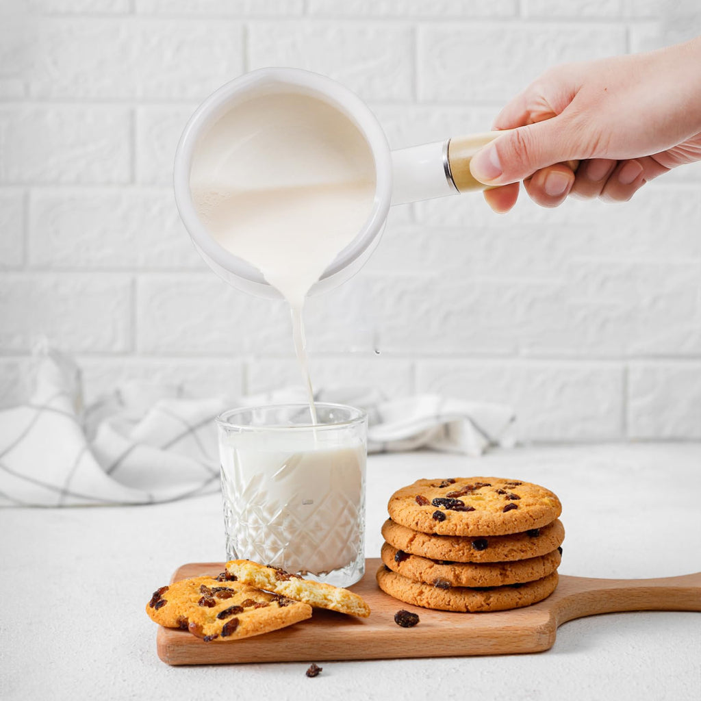 DEAYOU Enamel Milk Pot, 0.6 Quart Mini Butter Warmer Saucepan with Insulated Wooden Handle and Dual Pour Spout, Nonstick Small Soup Pot for Stove Top, Home, Kitchen, Cooking, Heating, Boiling, 18 Oz
