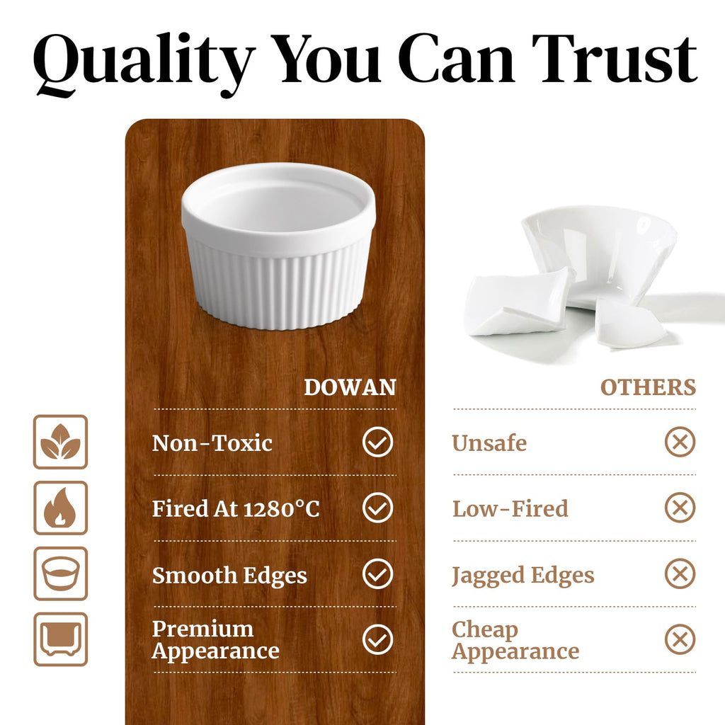 DOWAN 8 oz Ramekins for Creme Brulee Porcelain Oven Safe, Classic Style Souffle Ramekins for Baking, Bowls Set of 6, White