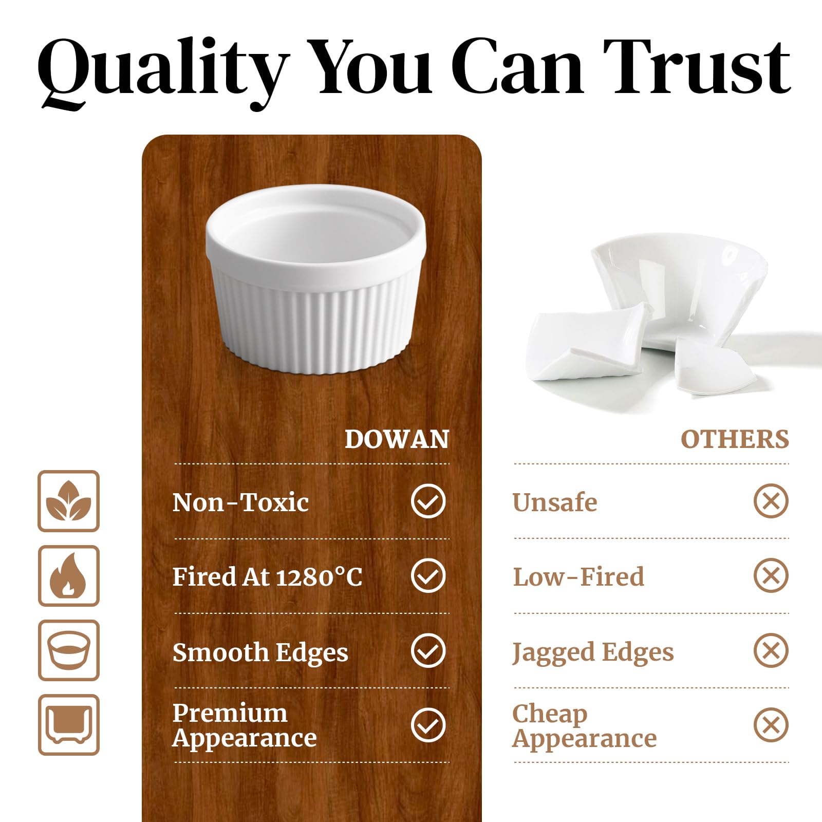 DOWAN 8 oz Ramekins for Creme Brulee Porcelain Oven Safe, Classic Style Souffle Ramekins for Baking, Bowls Set of 6, White