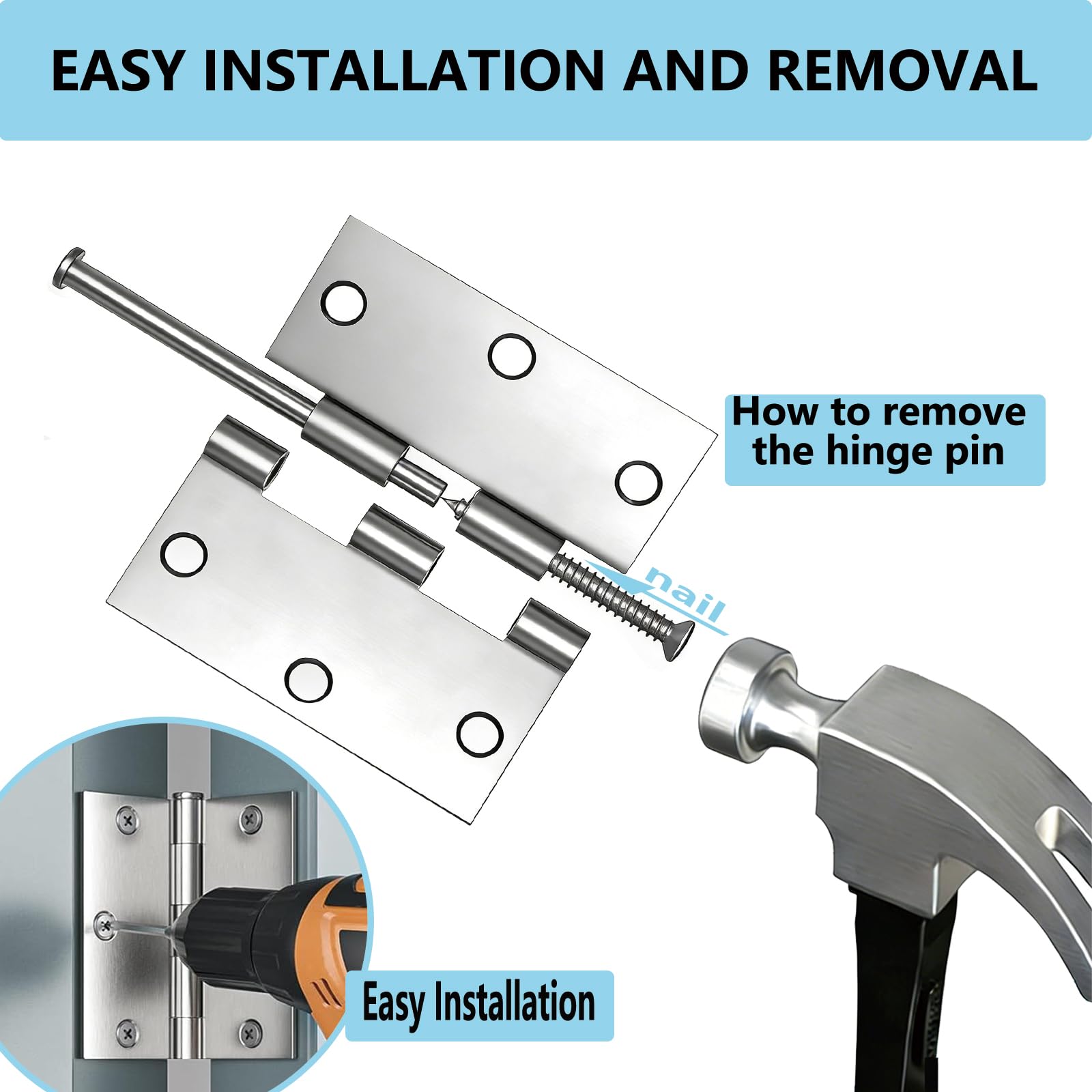 Brushed Nickle Door Hinges,6 Pack Exterior Hinges Doors,3x3 Inch Silver Interior Hinge Doors with Square Corners Durable Steel Hinge Door Hardware