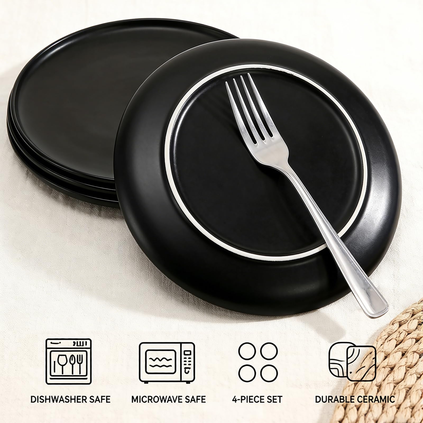 ZENFUN Set of 4 Porcelain Dinner Plates, 10 Inch Matte Ceramic Dish Steak Plates, Elegant Large Round Serving Plates for Salad, Pasta, Pizza, Dishwasher & Microwave Safe, Black
