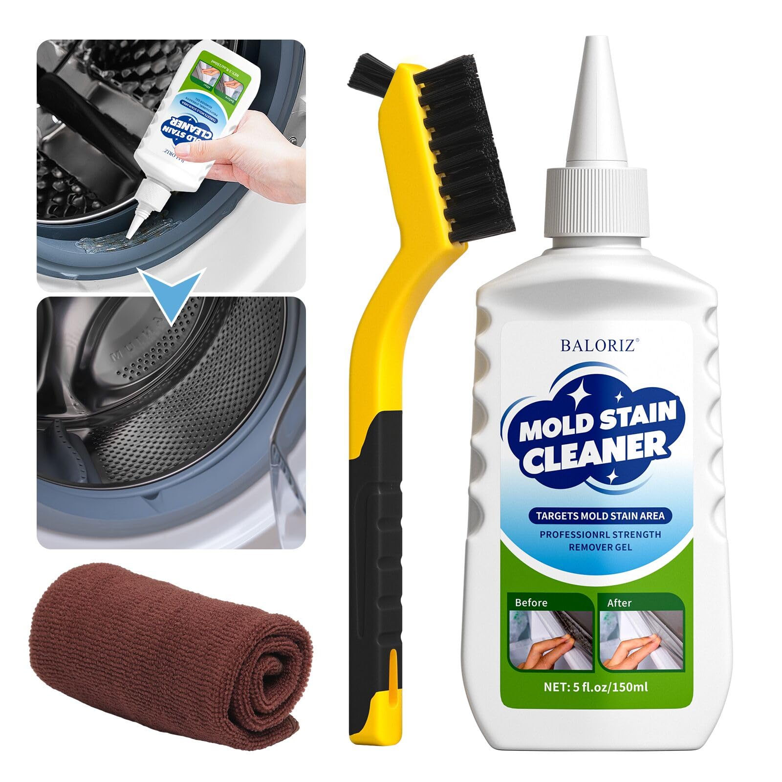 Mould Remover Gel, 1 Pack Household Mould Remover for Washing Machine, Grout Cleaner Gel with Brush and Cloth for Kitchen & Bathroom Cleaning,Sink, Tile Grout and Refrigerator Strips (5 Fl Oz)