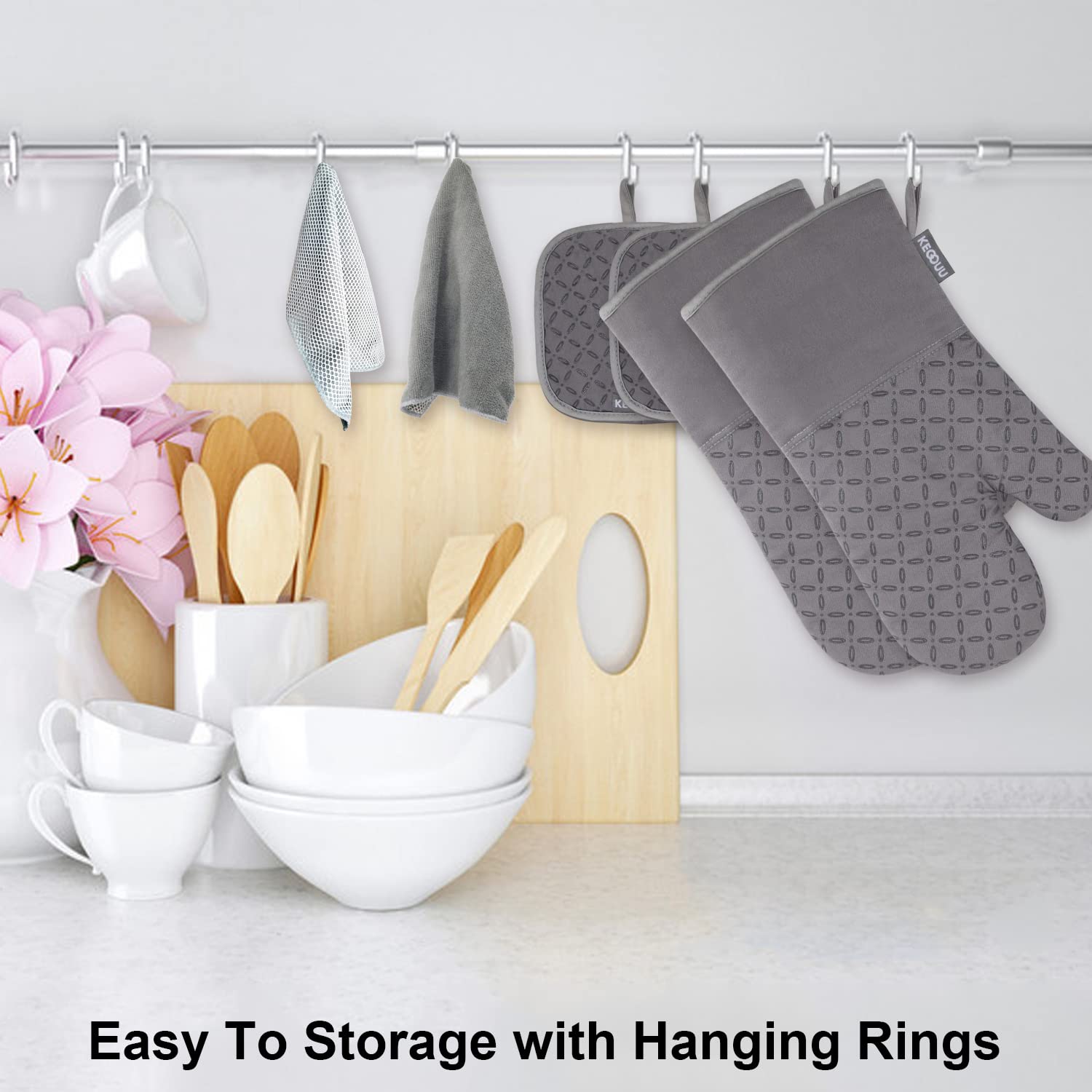 KEGOUU Oven Mitts and Pot Holders 6pcs Set, Kitchen Oven Glove High Heat Resistant 500 Degree Extra Long Oven Mitts and Potholder with Non-Slip Silicone Surface for Cooking