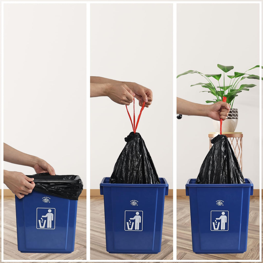 Quickquick 6 Gallon Plastic Drawstring Trash Bags, Black Garbage Bag, 110 Counts