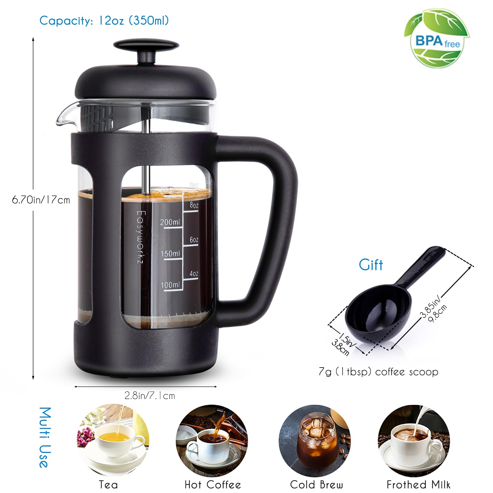Easyworkz French Press 350ml Coffee Tea Maker with Borosilicate Glass,Soft Grip Handle