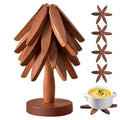 ROXANEPIG Wooden Trivets for Hot Dishes, 4pcs Tree Trivets +1 Stand, Wooden placemat Coaster, Tree Design hot Pot mat, Heat Resistant Folding mat for teapot, pan, Bowl (Black Walnut)