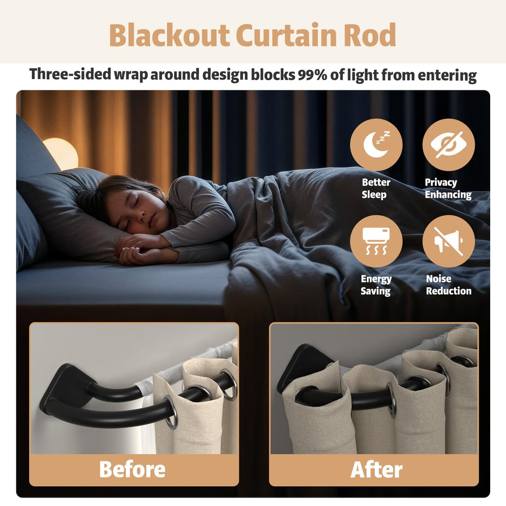 PeSenp Double Curtain Rods 48 to 84 Inch, 3/4 Inch Blackout Adjustable Curtain Rod with Innovative Snap-Fit Finials, Decorative Drapery Rod for Windows (Window Size: 24-86 Inch)