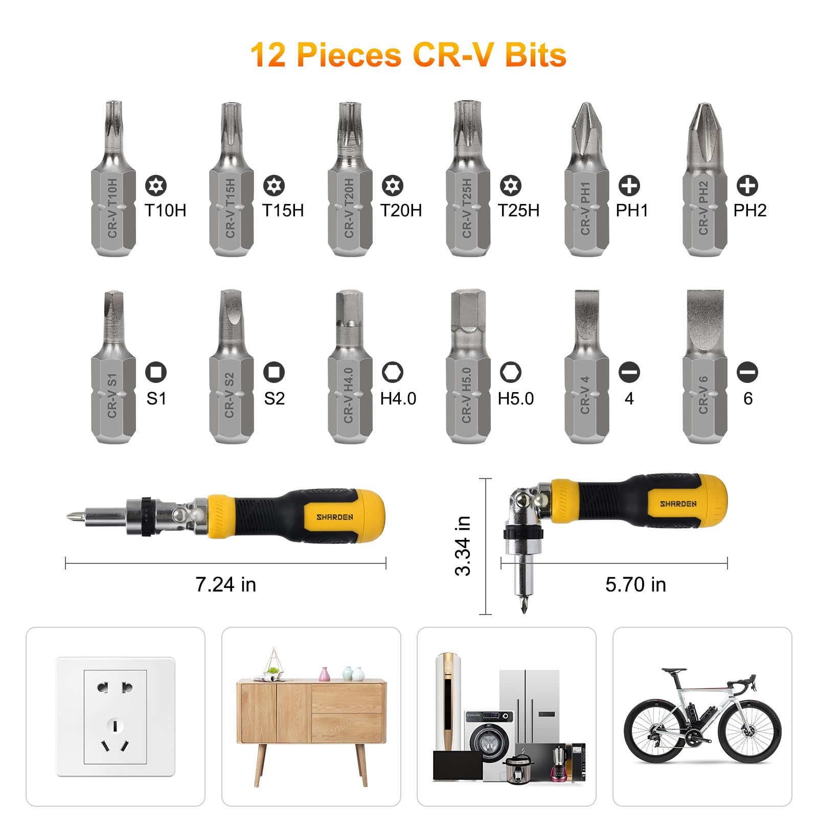 SHARDEN Ratcheting Multi Bit Screwdriver - 13-in-1 Tool Set, Flat Head/Square/Torx/Hex/Phillips, 180 Degree Pivoting Adjustable Angle Magnetic Screwdriver