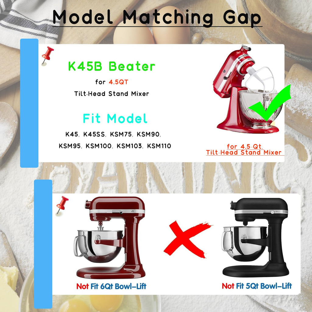 K45B Beater Compatible with Kitchenaid 4.5-5Qt Tilt-Head Stand Mixer,Coated Paddle Attachment for Kitchen Aid Mixer Accessories -K45 AP3884849 W10672617
