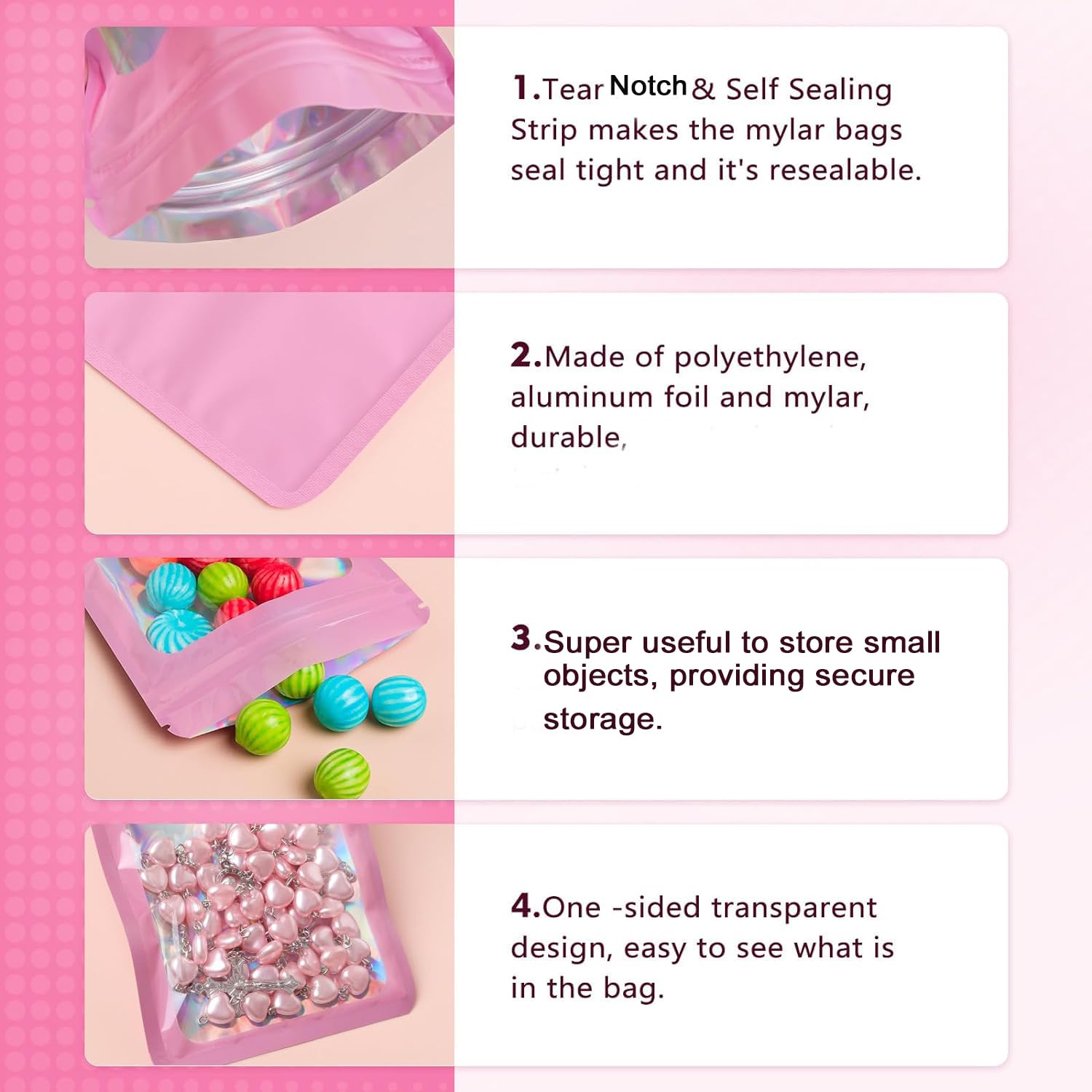 Durimoiy 100-pack mylar bags with clear window holographic resealable zipper sealable pouch bags candy,cookie,electronic supplies（4×6 inch,pink ）