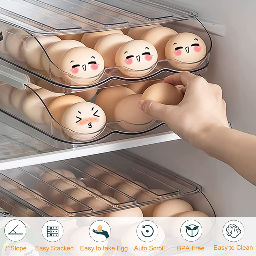 lazywoodpecker Egg Storage for Fridge, Auto Rolling Eggs Fridge Organizers with Lids, Fridge Storage Organizer for Kitchen (2 Layer)