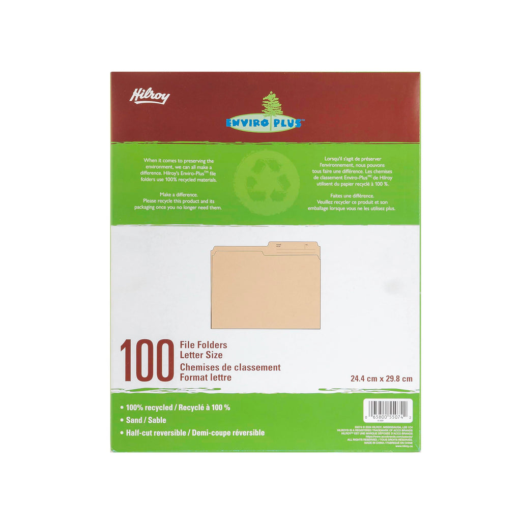 Hilroy Enviro-Plus Recycled File Folders, Letter Size, 100 Per Box, Sand Colour (55074)