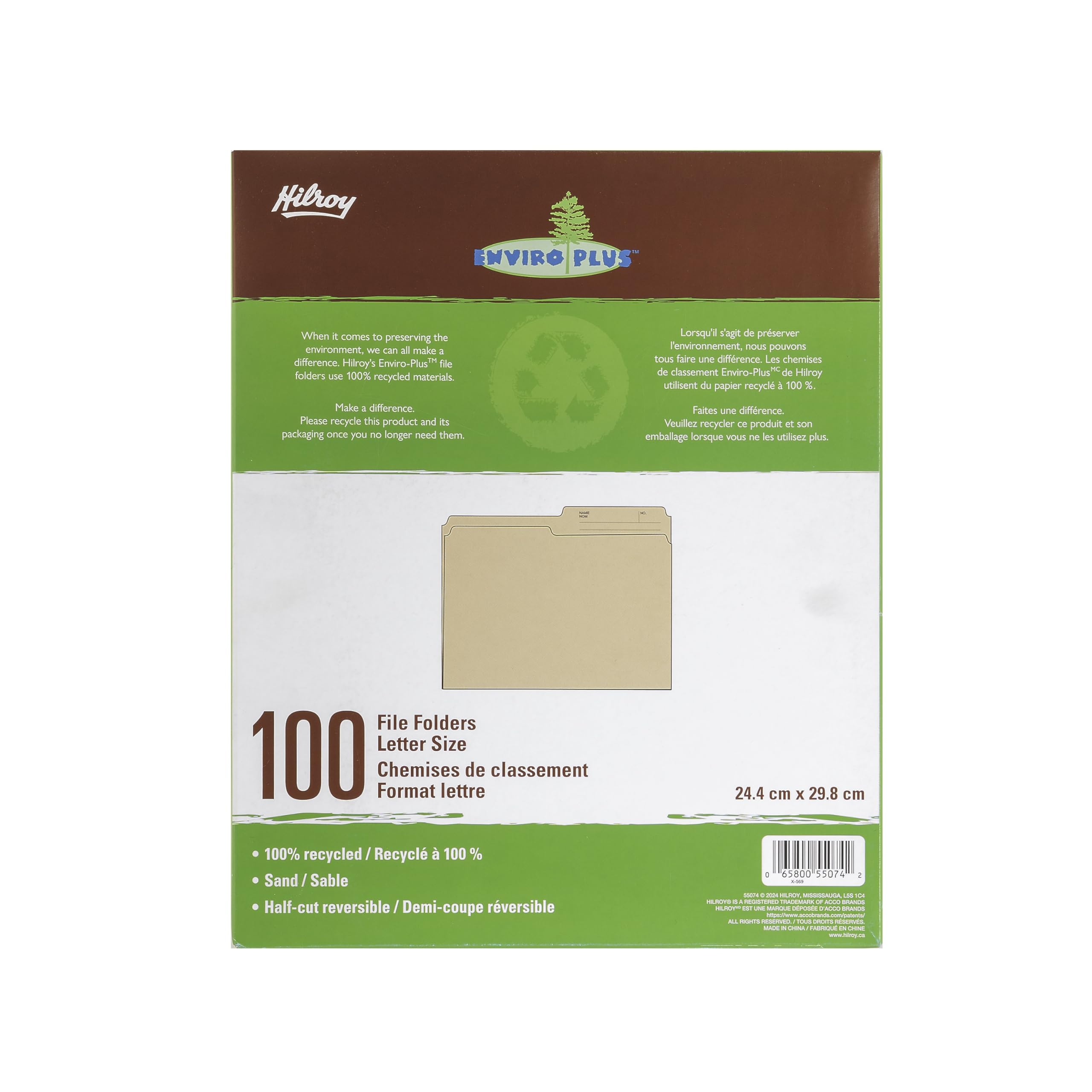 Hilroy Enviro-Plus Recycled File Folders, Letter Size, 100 Per Box, Sand Colour (55074)