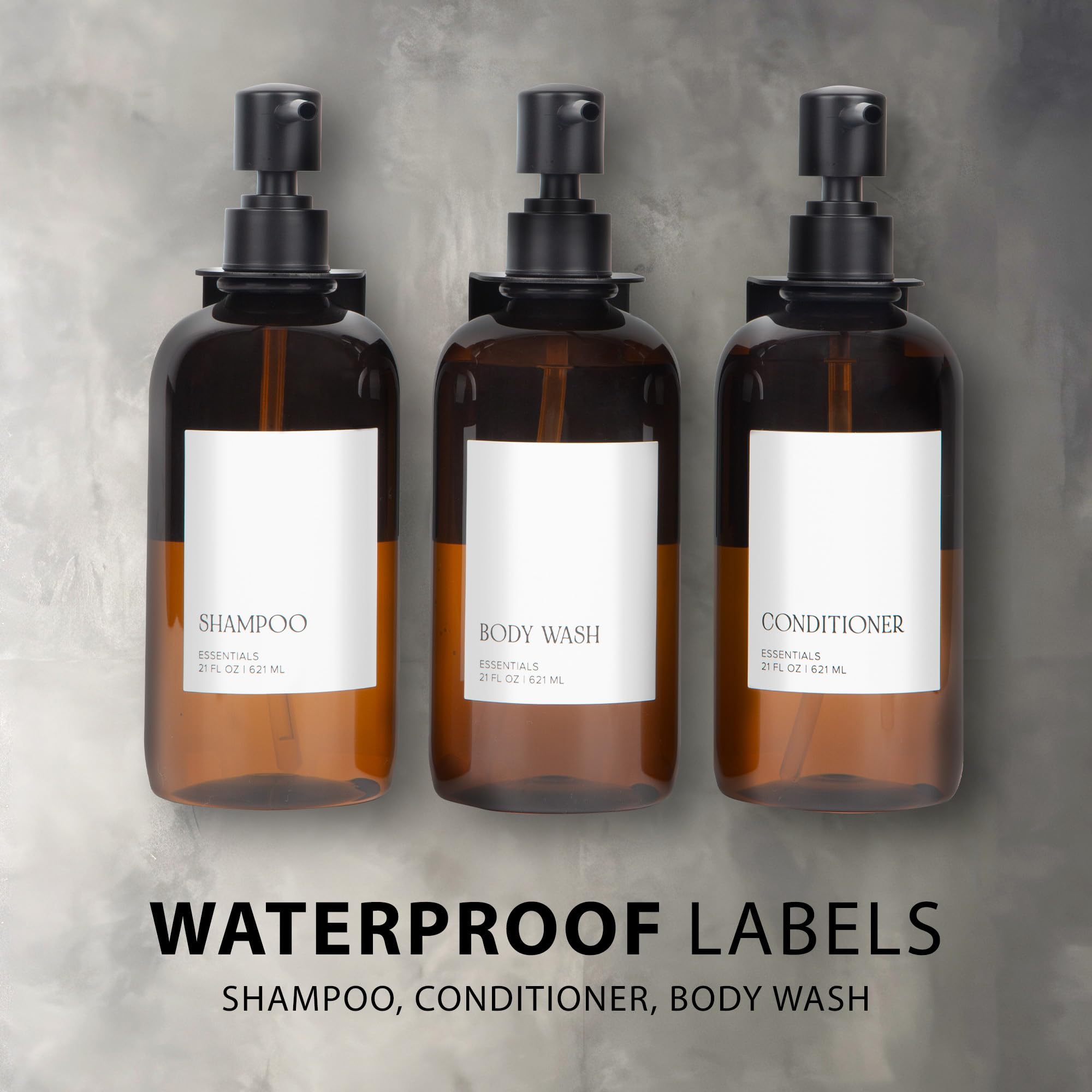 Stylish Shampoo and Conditioner Dispenser Set of 3 - Modern 21oz Shower Soap PET Bottles for Drill Free Wall Mount - Easy to Refill Body Wash Dispensers for an Instant Bathroom Decor Upgrade