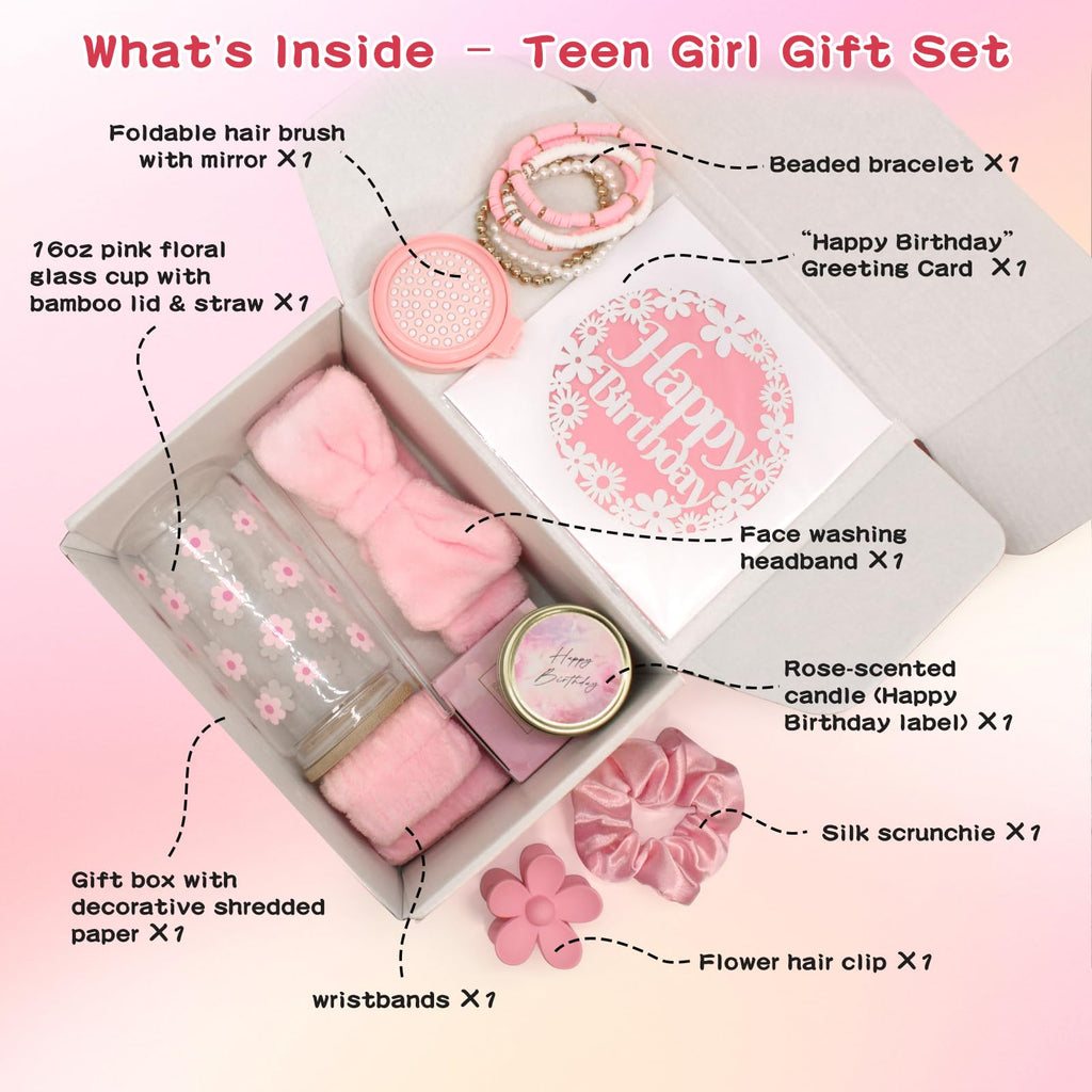 Birthday Gifts for Teenage Girls – 9pcs Pink Gift Box for Women,Girls, Daughter, Niece, Sister or Best Friend – Includes Cute Cup, Candle, Hair & Skincare Items