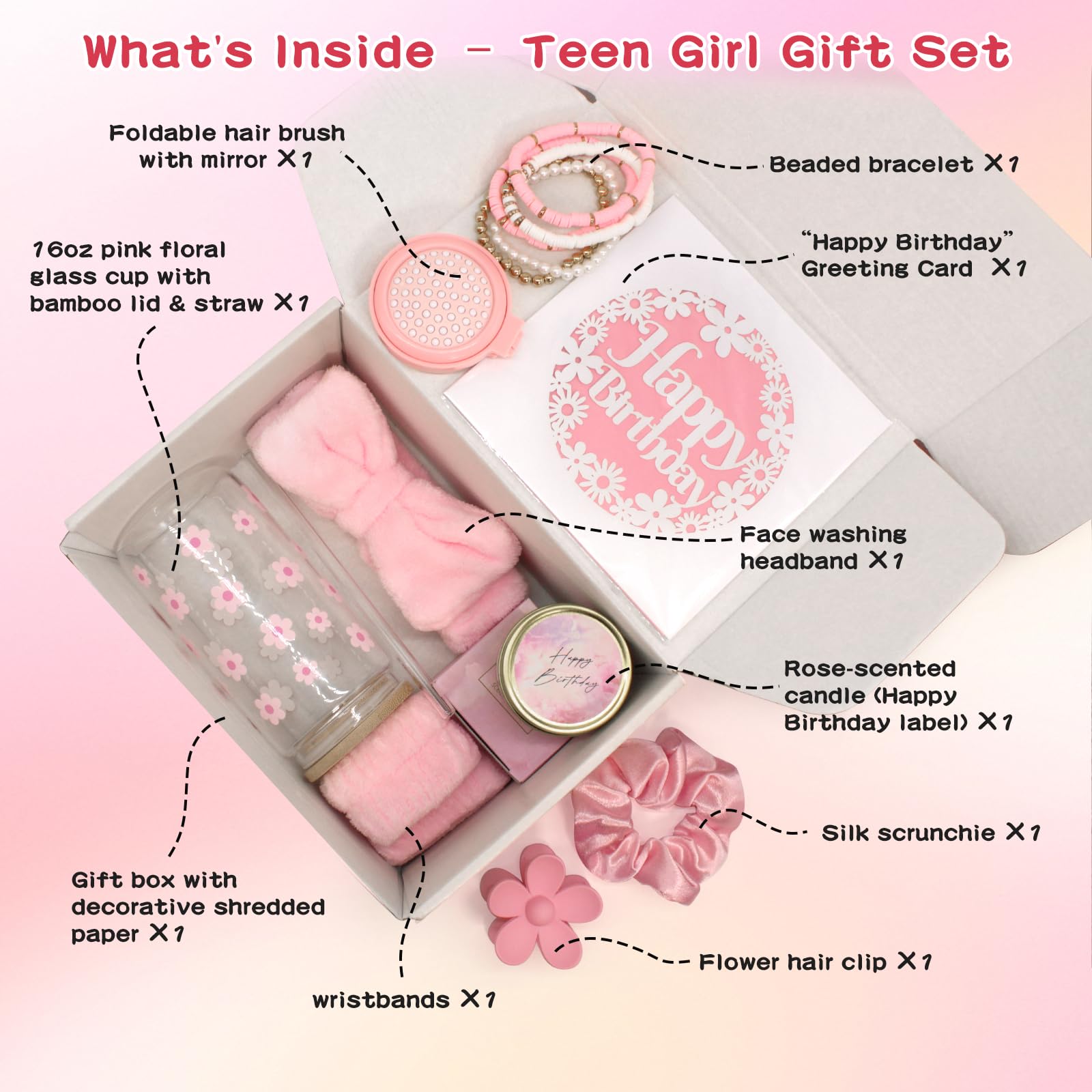 Birthday Gifts for Teenage Girls – 9pcs Pink Gift Box for Women,Girls, Daughter, Niece, Sister or Best Friend – Includes Cute Cup, Candle, Hair & Skincare Items