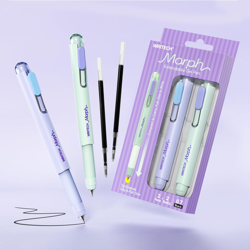 WRITECH Gel Pen Fine Point: 0.7mm Black Ink Mini to Full Size Soft Grip Portable Extendable Pocket Pen Set with 2 Pens and 2 Refills