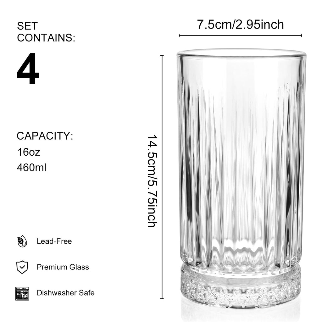 Cambareign Highball Glasses Set of 4, 16oz Tall Drinking Glasses, Lead-Free Crystal Water Glassware for Juice, Cocktails, Iced Tea