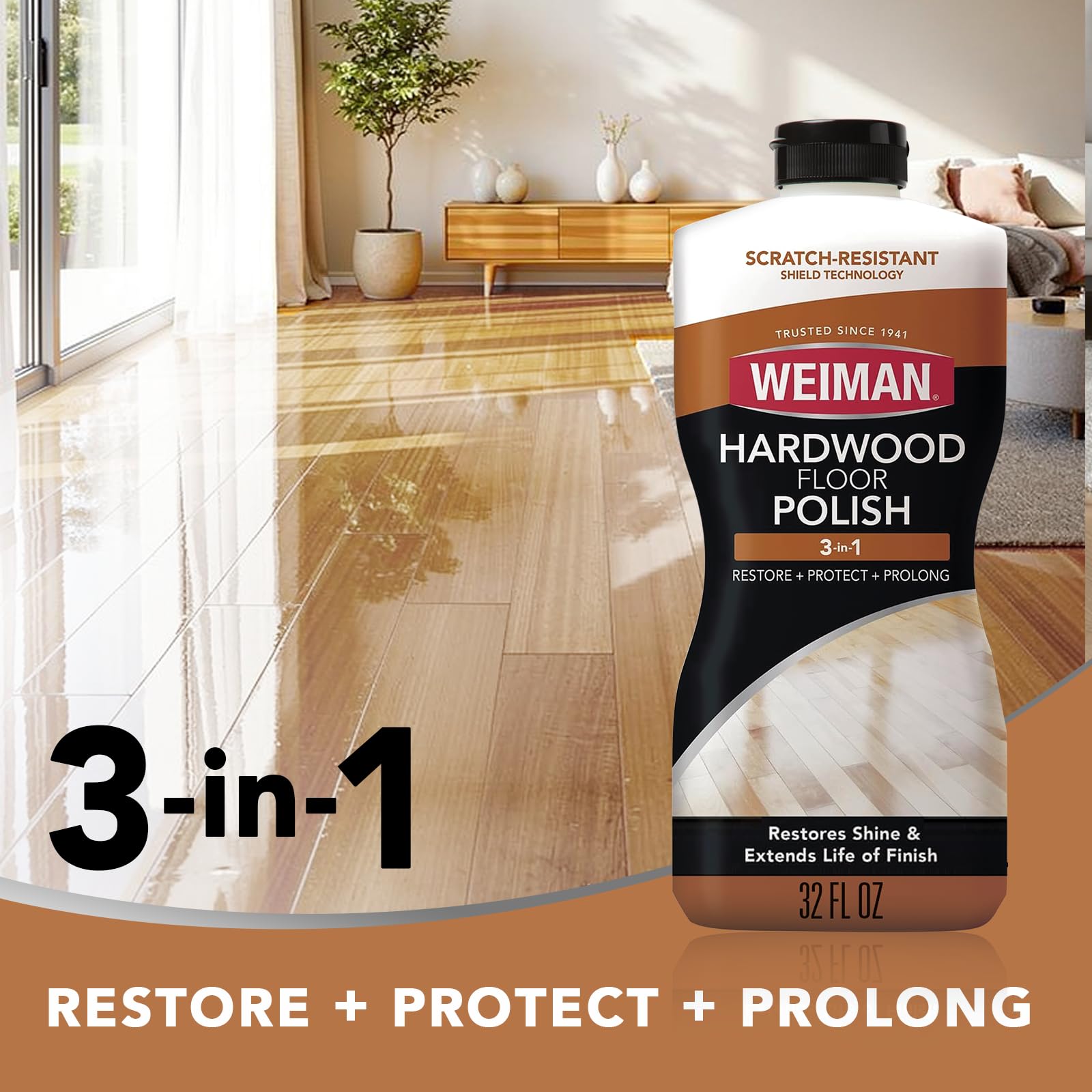 Weiman High-Traffic Hardwood Floor Polish and Restorer - Natural Shine, Removes Scratches, Leaves Protective Layer 32 fl. oz