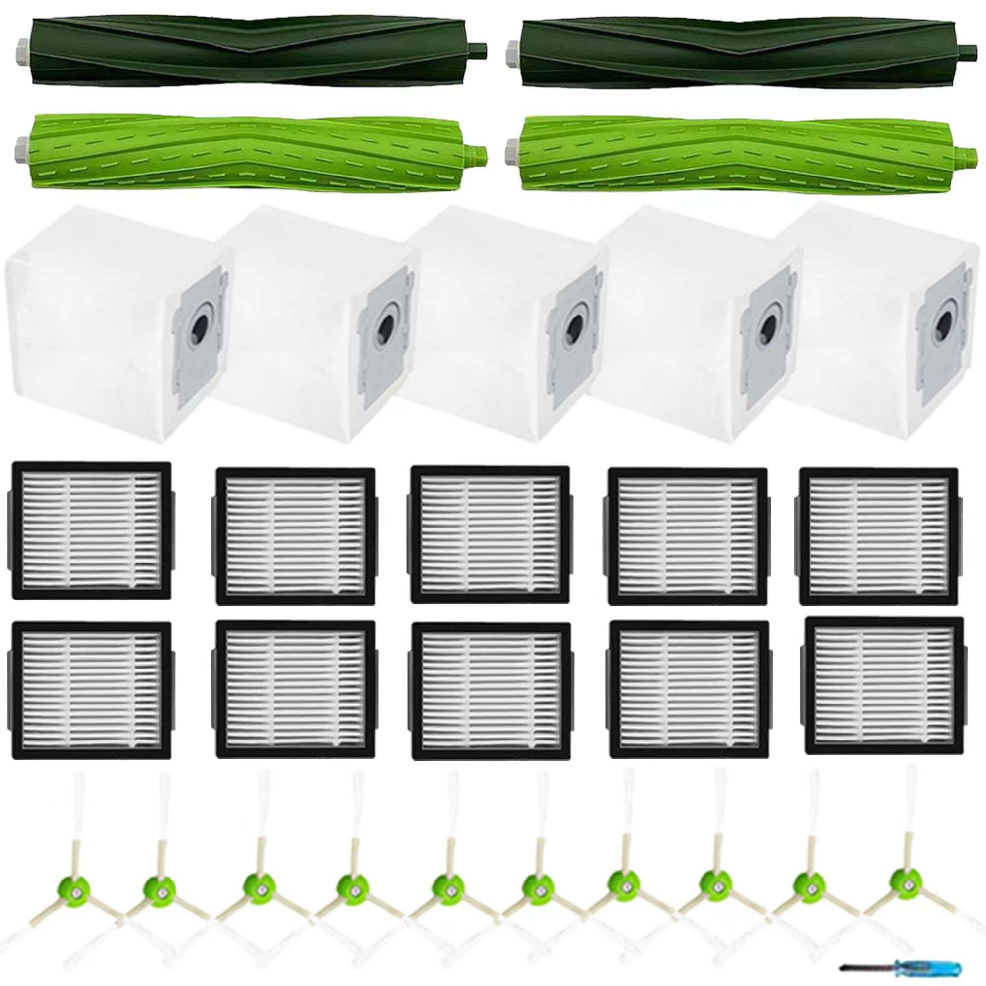 Amyehouse Replacement Parts Kit for iRobot Roomba i1+ i4+ i7+ i8+ i6+ i3+ J5 J7+ J8+ J6+ J9+ Plus Vacuum,2 Rubber Brushes & 10 HEPA Filters & 10 Side Brushes & 5 Dirt Disposal Bags