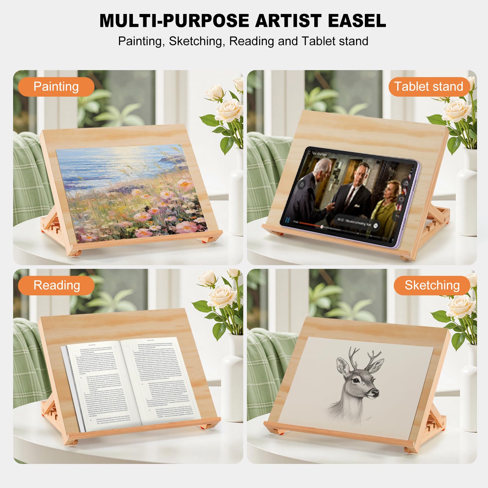 Tabletop Easel for Painting, 13.8"x11.4" Adjustable Portable Art Easel Includes Art Painting Papers, Sketch Papers and Masking Tape, Pinewood Drawing Board for Canvas, Books and Artwork