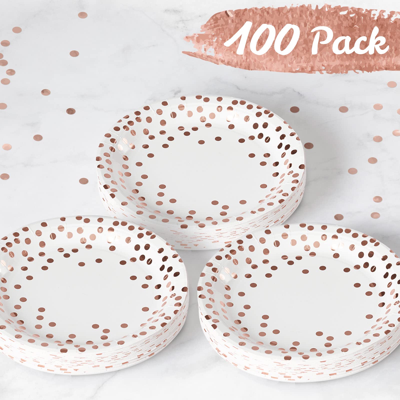 MATICAN 100-Pack Disposable Paper Plates, 9-Inch White & Rose Gold with Foil Polka Dots