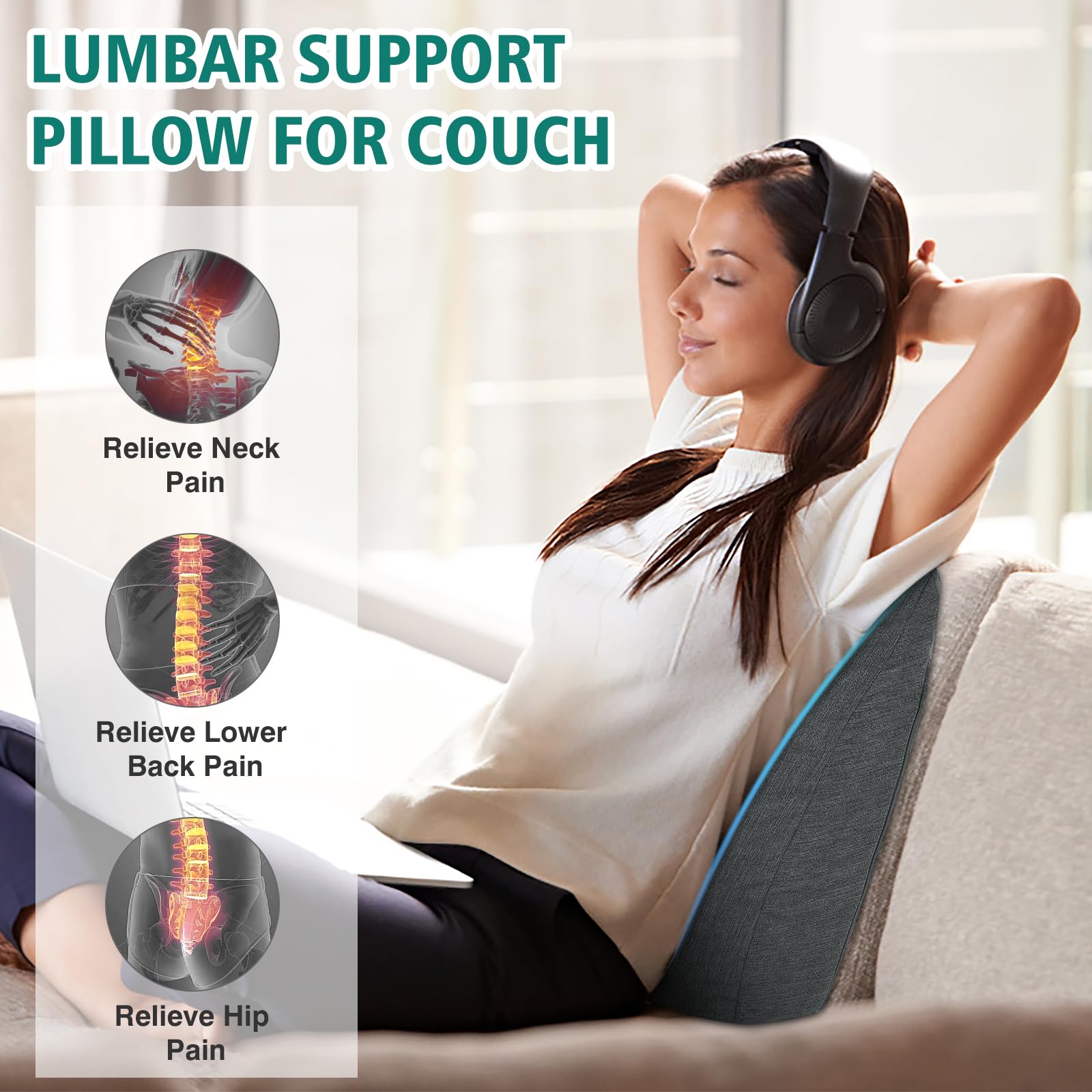 TANYOO Back Support Pillow for Recliner Soft Dual Layer Lumbar Support Pillow with Shredded Memory Foam Ergonomic Orthopedic Couch Lumbar Cushions for Elderly Lower Back Pain Relief Dark Grey